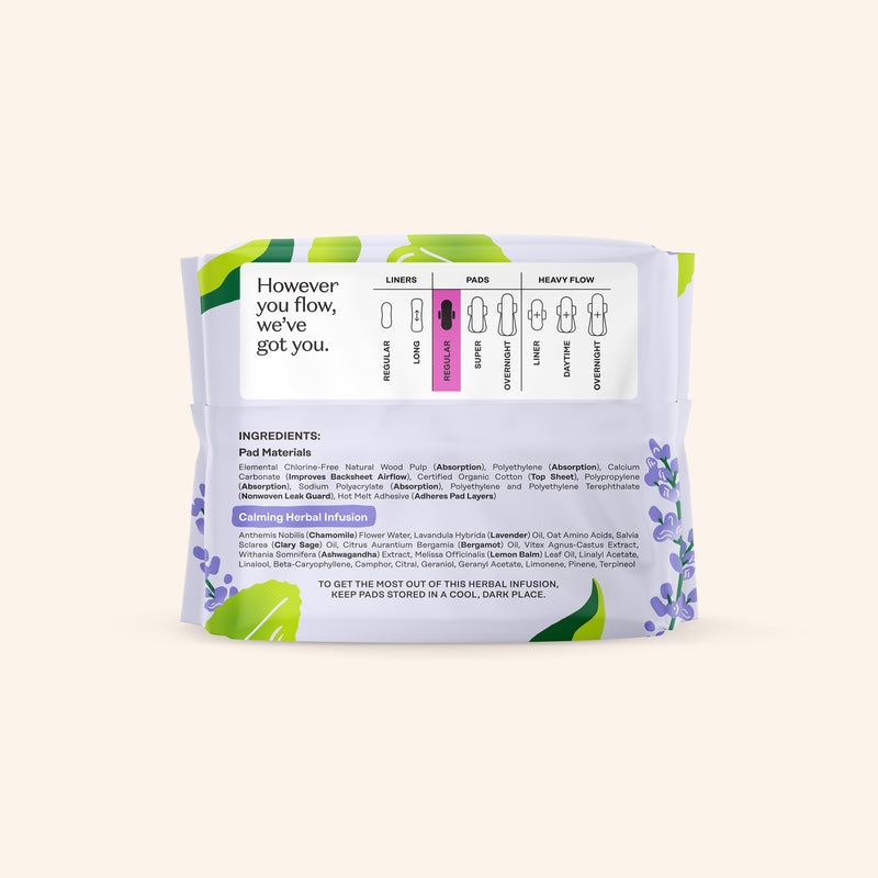 Organic Cotton Cover Calming Herbal Infusion Regular Pads With Wings