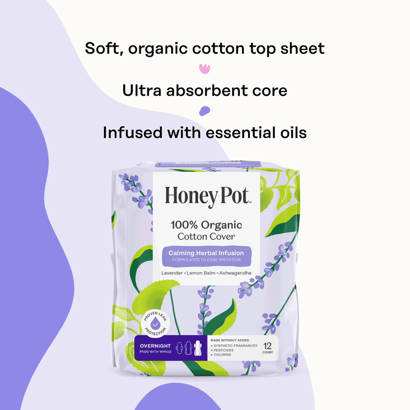 Organic Cotton Cover Calming Herbal Infusion Overnight Pads With Wings