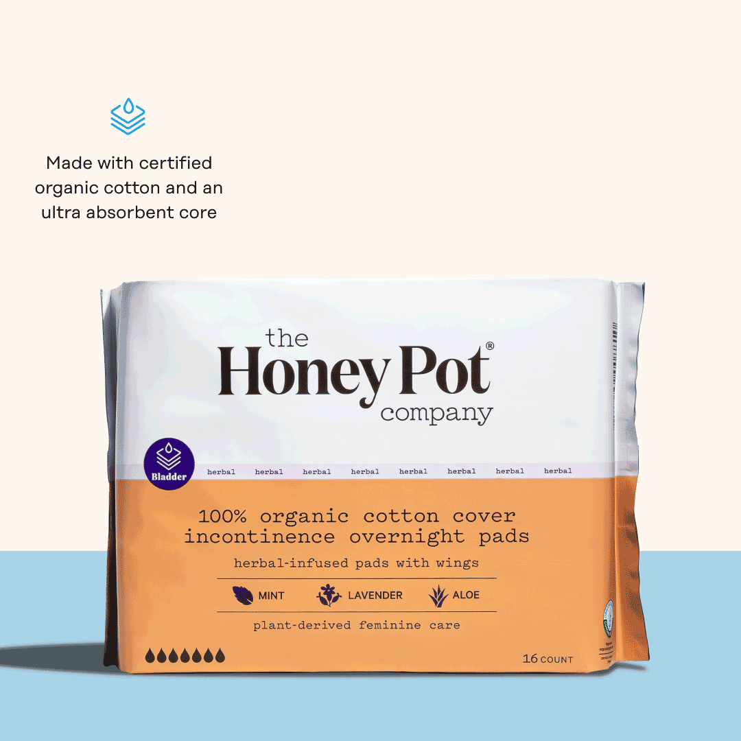 The Honey Pot Company – Herbal Daytime Incontinence Pads with Wings.  Infused w/Essential Oils for Cooling Effect, Organic Cotton Cover, and