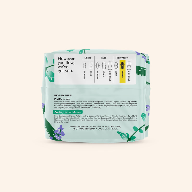 Organic Cotton Cover Cooling Herbal Infusion Heavy Flow Daytime Pads