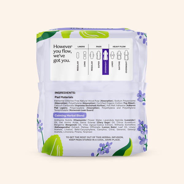 Organic Cotton Cover Calming Herbal Infusion Overnight Pads With Wings