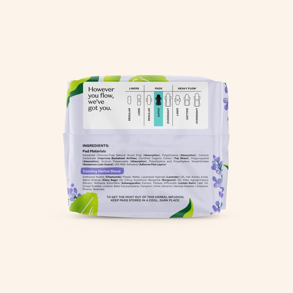 Organic Cotton Cover Calming Herbal Infusion Super Pads With Wings