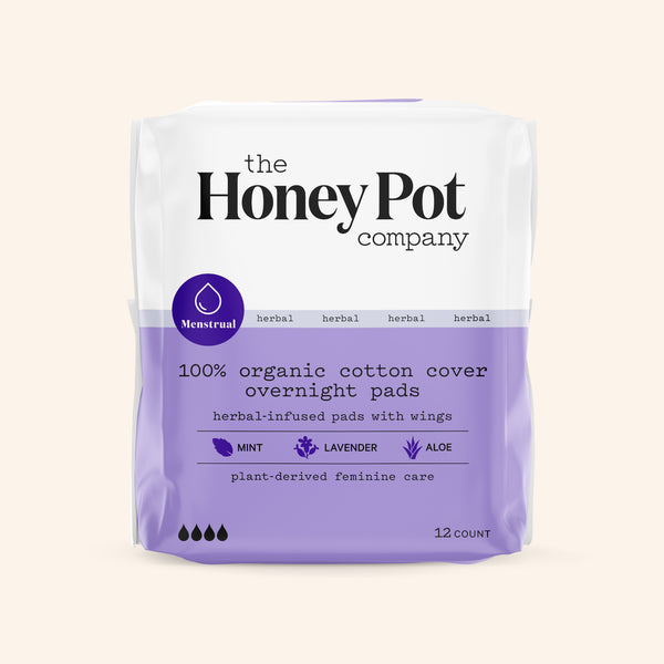 The Honey Pot Pads, Organic, Overnight, with Wings, Herbal-Infused - 12 pads